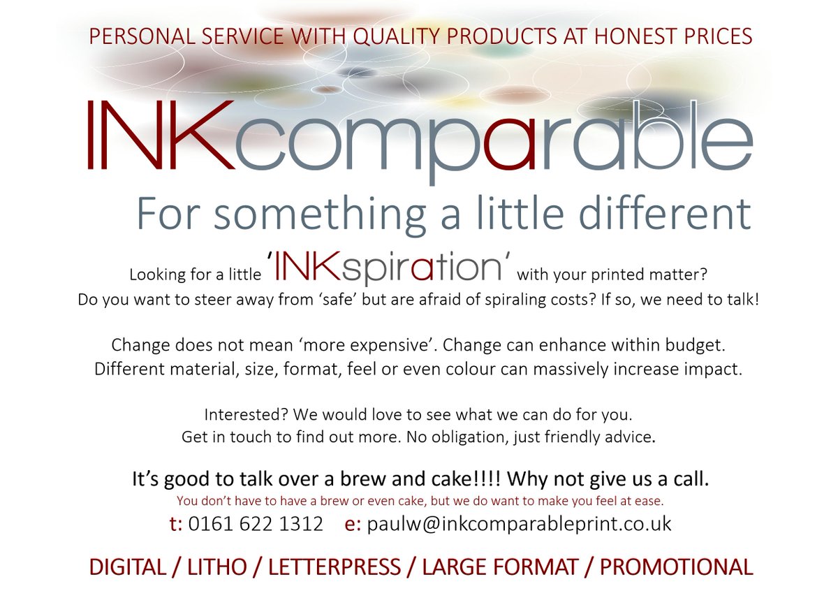 INKcomparable's tweet photo. Change does not mean expensive, difficult or drastic. A change or tweak of a #printedimage can propel the brand to another level. #OldhamHour. We can have the kettle primed if you fancy a chat; we might even break out the biscuits!!! See you soon. https://t.co/P4YfzHIMq8