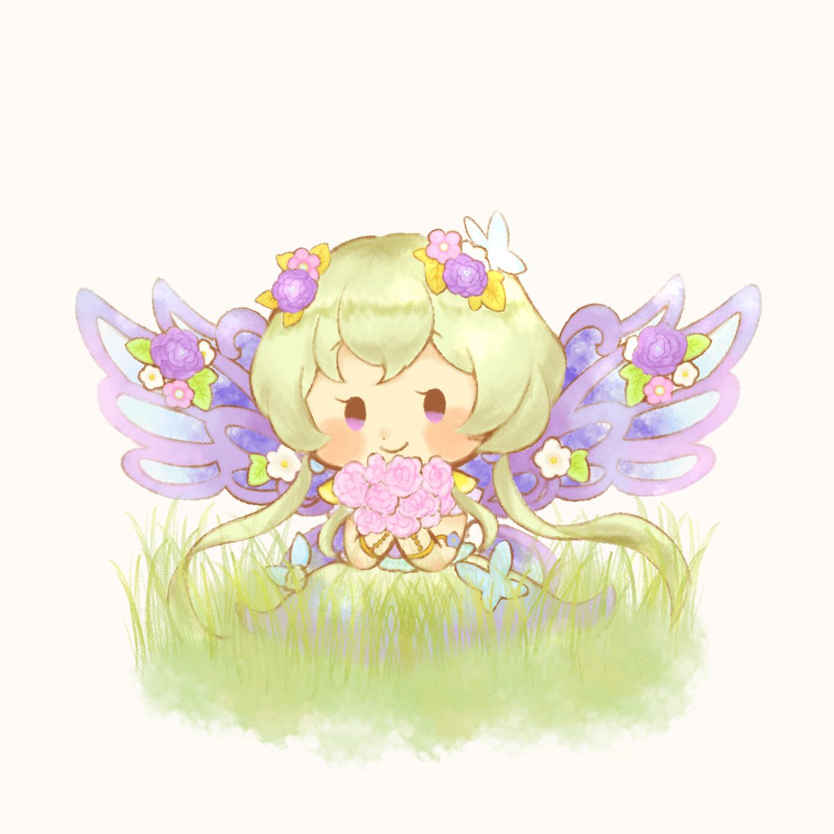 1girl flower hair ornament hair flower wings solo grass  illustration images