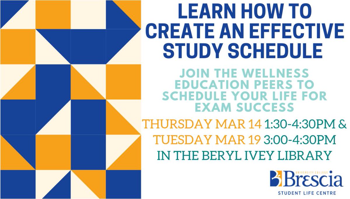 brescialibrary's tweet image. Want to learn more about creating an effective study schedule? Stop by the library between 3pm and 4:30pm to meet with our Student Life Centre Wellness Education Peers to get started! #StudySchedule #BresciaUC