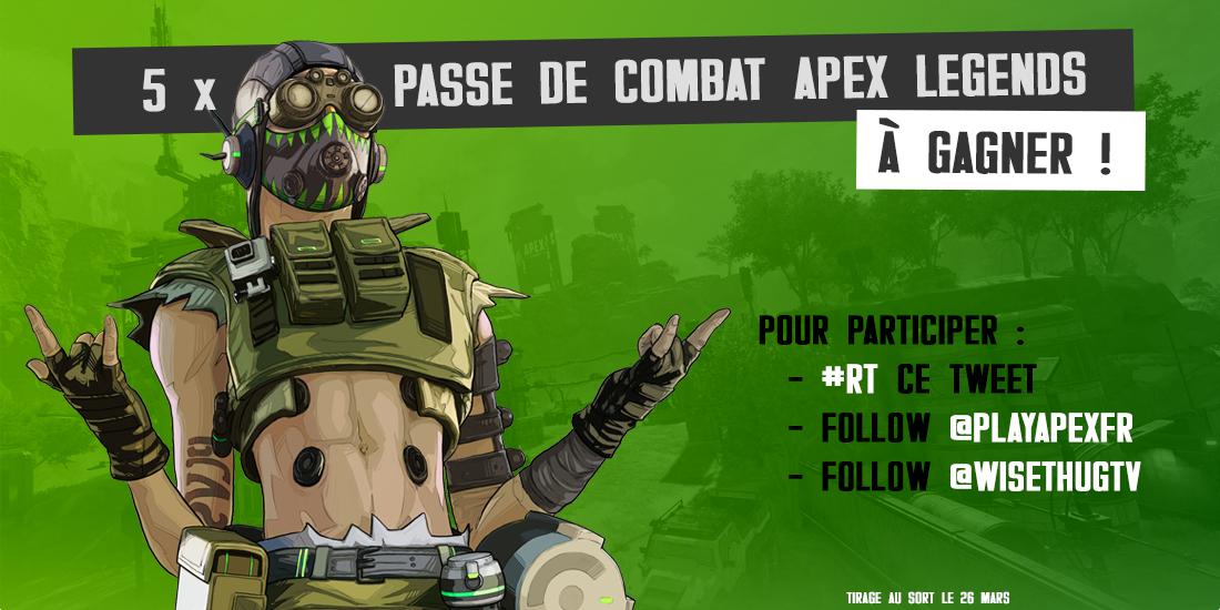 🏆 #Concours 🏆

Pour fêter le début de la Saison 1 de #ApexLegends on vous fait gagner 5x Passes de combat !

Pour participer :
- #RT ce tweet
- Follow <a href="/WisethugTV/">Wise</a>
- Follow <a href="/PlayApexFR/">Apex Legends France</a>

Tirage au sort le 26/03 !
