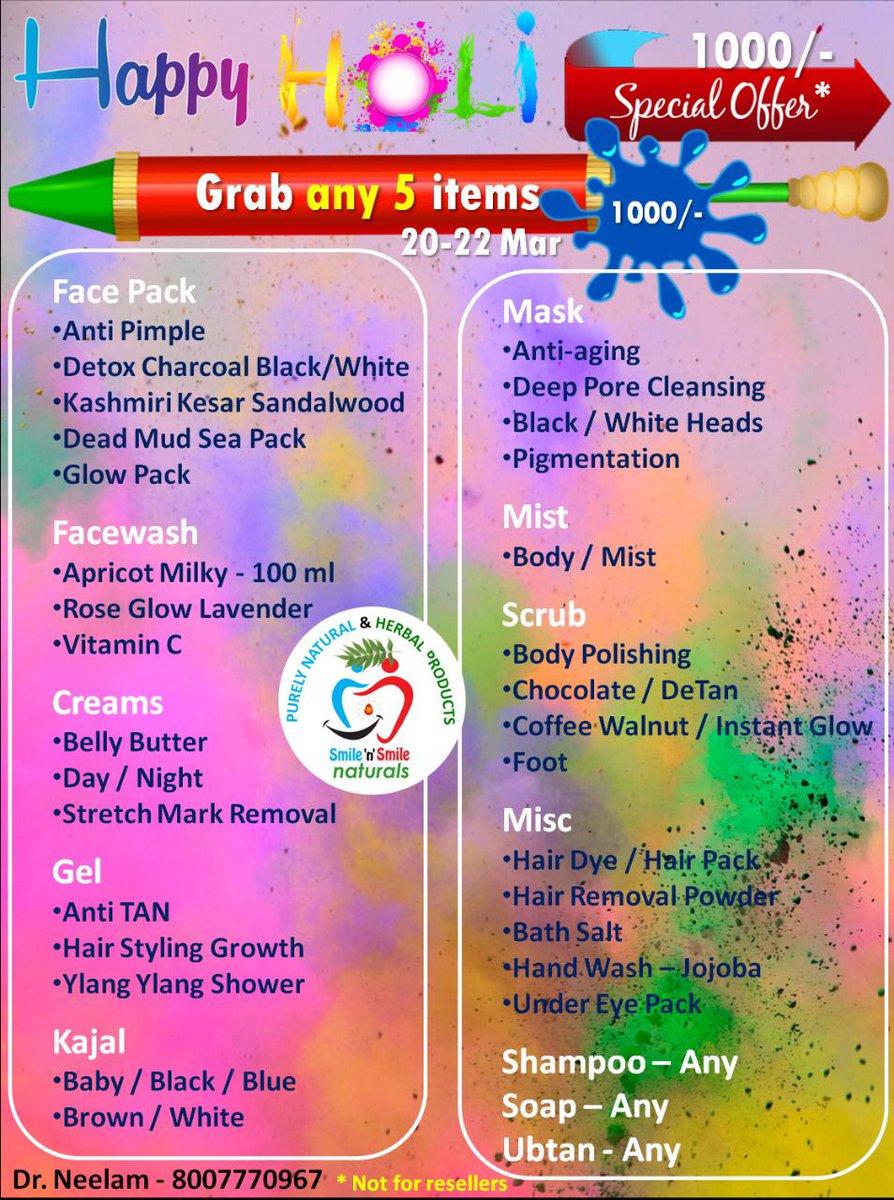 SmilenSmile1's tweet photo. *!!! Holi Special Offer !!!*  *Grab any 5 items for 1000/- only*  *Valid from 20-22 March* https://t.co/S5Ptle70Ml