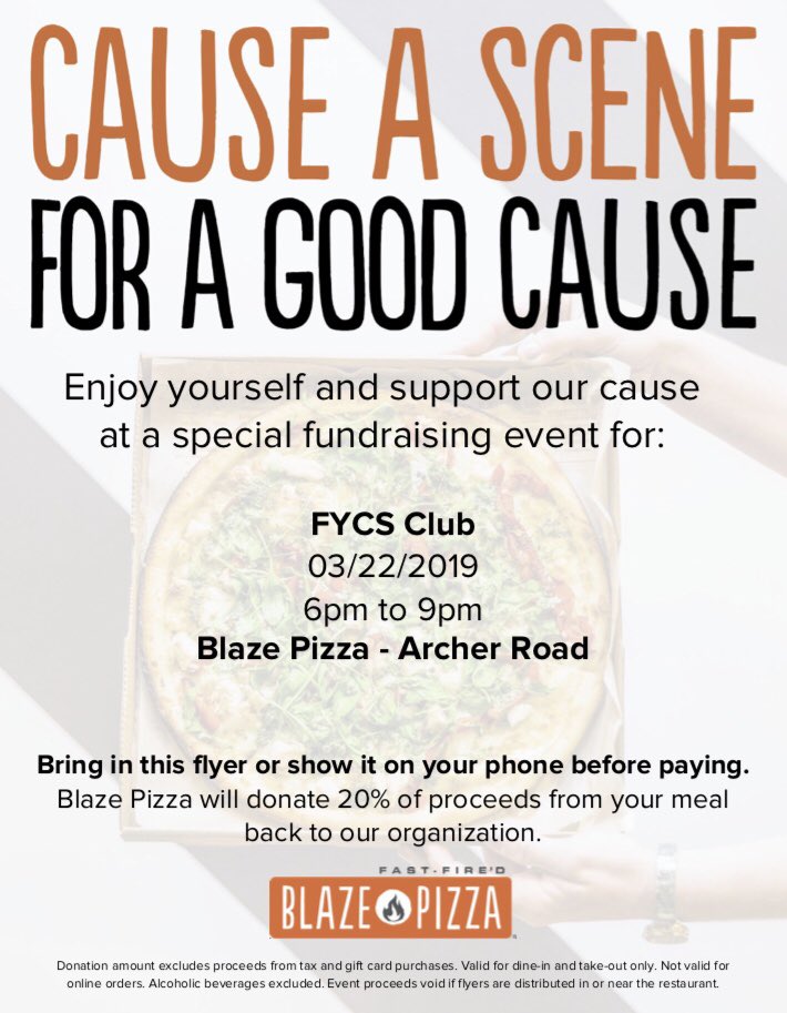 FYCSClub's tweet photo. Pizza fundraiser this Friday at blaze! Be there or be very sad that you missed out on pizza and fun with the FYCS club. https://t.co/3yQQ7wQou3