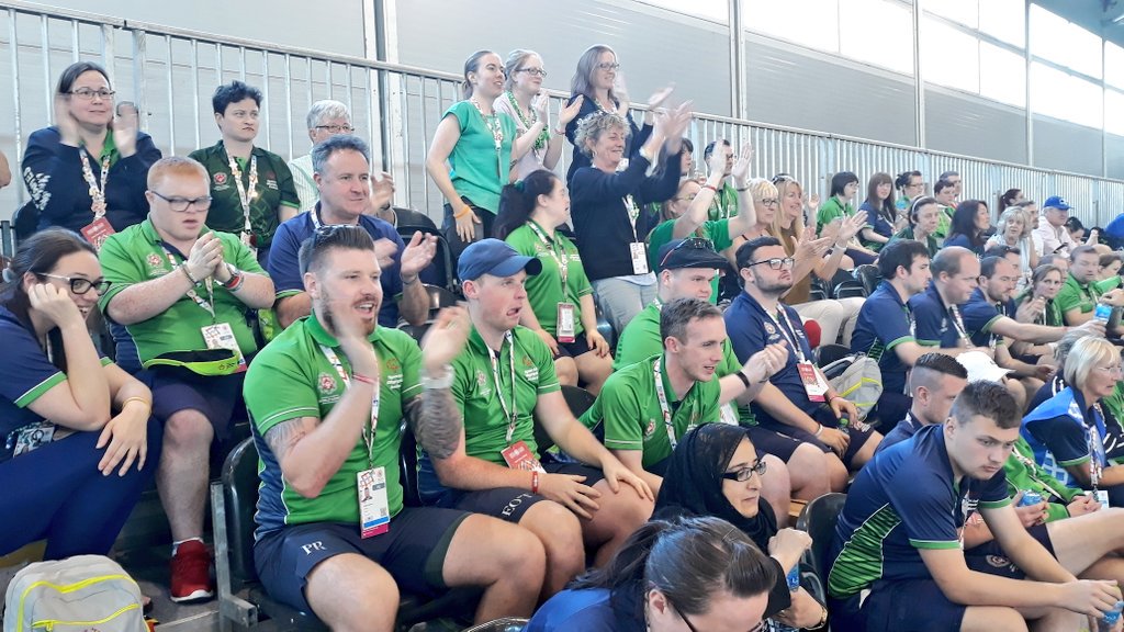 BocceSoi's tweet photo. It's a win for the men's doubles game against Morocco!!! Look at the support watching it, just amazing. We have athletes from @FootballSoi @BadmintonSoi @GymnasticsSoi  @KayakSoi and loads more! 😍💚⚪🧡
 #TeamIreland #AbuDhabi2019 #meetthedetermined https://t.co/p2oeTsC5Un