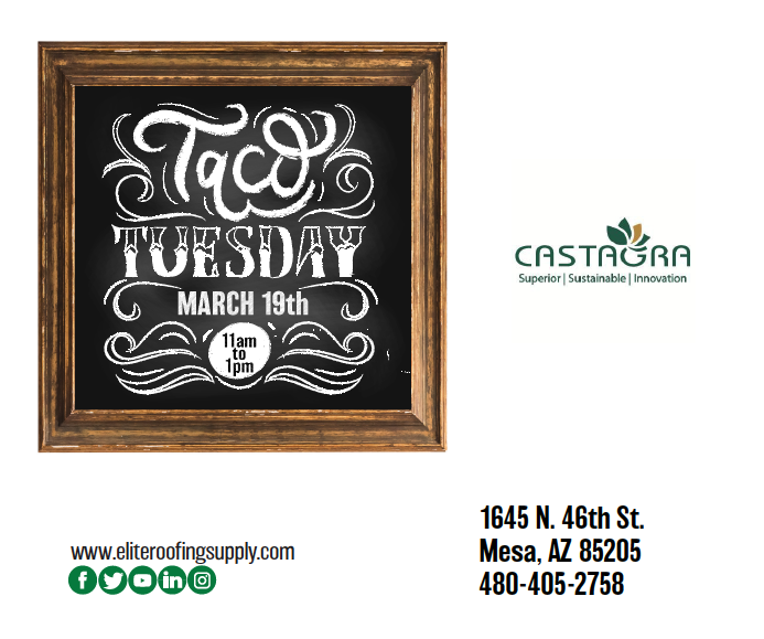 EliteRoofSupply's tweet photo. TODAY, 11am-1pm! TACOS! MESA! CASTAGRA PRODUCTS! 

We're so excited, we're yelling in CAPS. Hope to see you today at our #Mesa branch. #roofing #roofingsupply #castagraproducts #eliteroofingsupply #theelitedifference #education https://t.co/5qecuw25KG
