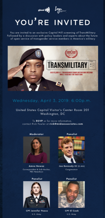 RealAmnaNawaz's tweet photo. DC: join us for this special @TransMilitary screening, hosted by @glaad on 4/3. 
I'll be moderating a discussion with @RepJoeKennedy @JennPeace85 and more. 
#TransMilitaryDoc #TransMilitaryBan https://t.co/BefHRJMINz
