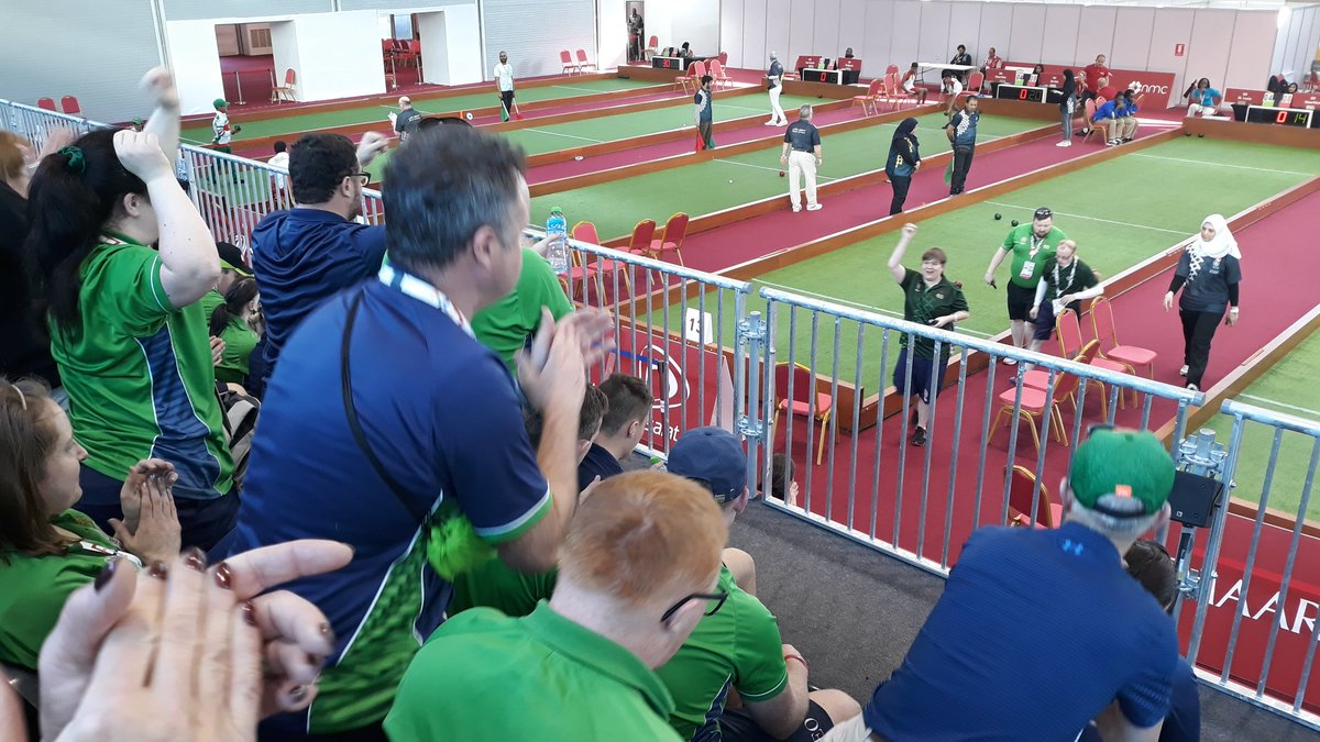BocceSoi's tweet photo. It's a win for the men's doubles game against Morocco!!! Look at the support watching it, just amazing. We have athletes from @FootballSoi @BadmintonSoi @GymnasticsSoi  @KayakSoi and loads more! 😍💚⚪🧡
 #TeamIreland #AbuDhabi2019 #meetthedetermined https://t.co/p2oeTsC5Un