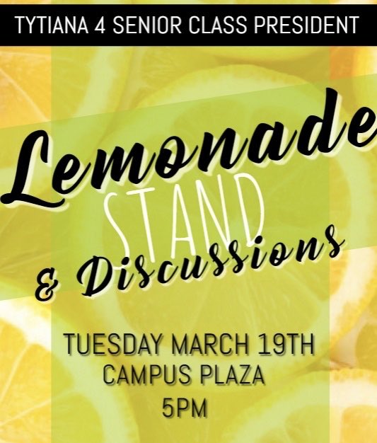 _ana_marie's tweet photo. BRAVES, Come out today to hear speeches and enjoy Freshly Squeezed Lemonade and other Treats while Discussing Key Campus Issues with ME & ways WE can change them!! #TY4Prez #SeniorClassPresident #TYTIANA #TheSMITHAdministration #FindingTheMissingPIECE #ITSLIT #Alcorn_RYS19 πππ¦ https://t.co/VvSawHMWZL