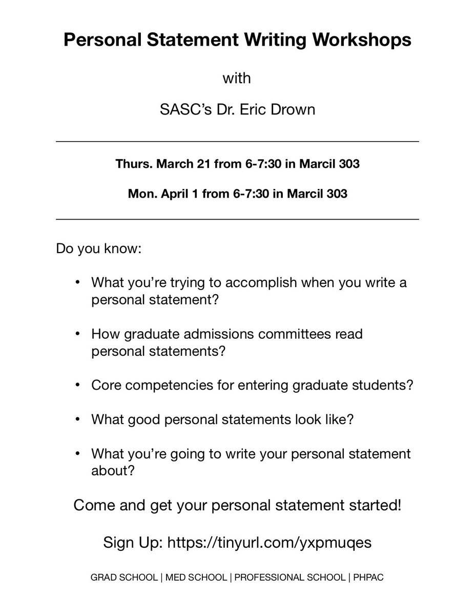 <a href="/UNE_SASC/">UNE SASC</a> is offering graduate &amp; professional school personal statement writing workshops this week &amp; next. Sign up: tinyurl.com/yxpmuqes <a href="/unetweets/">University of New England</a> <a href="/UNELibraries/">UNE Library Services</a>