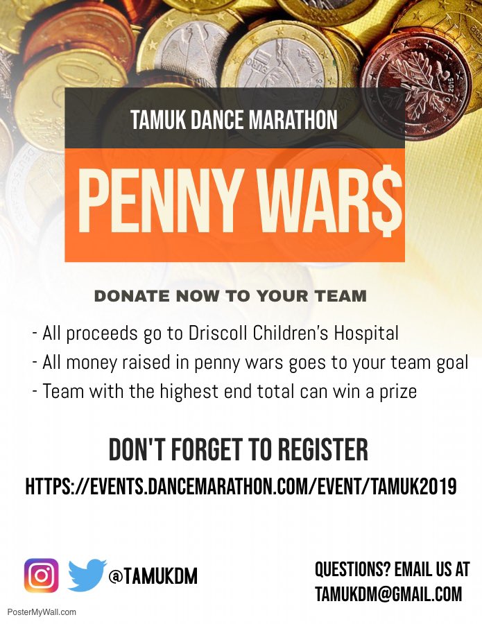 TAMUKDM's tweet photo. Today the Dance Marathon team will be out at the pavilion from 11-1 with the continuation of our Penny Wars competition. Come out and support not only your favorite student organization but also Driscoll Children’s Hospital
#FTK #DanceMarathon #TooLegitToSit #TAMUK https://t.co/B4sh0p0ezb