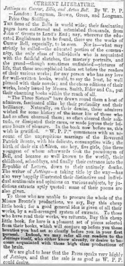 Did you know that the very first Bronte biography wasn't Elizabeth Gaskell's 1857 'Life of Charlotte Bronte' but rather 'Jottings on Currer, Ellis &amp; Acton Bell' by the mysterious 'W.P.P'? Here's a fascinating review from May 1856 in the Monmouthshire Merlin: