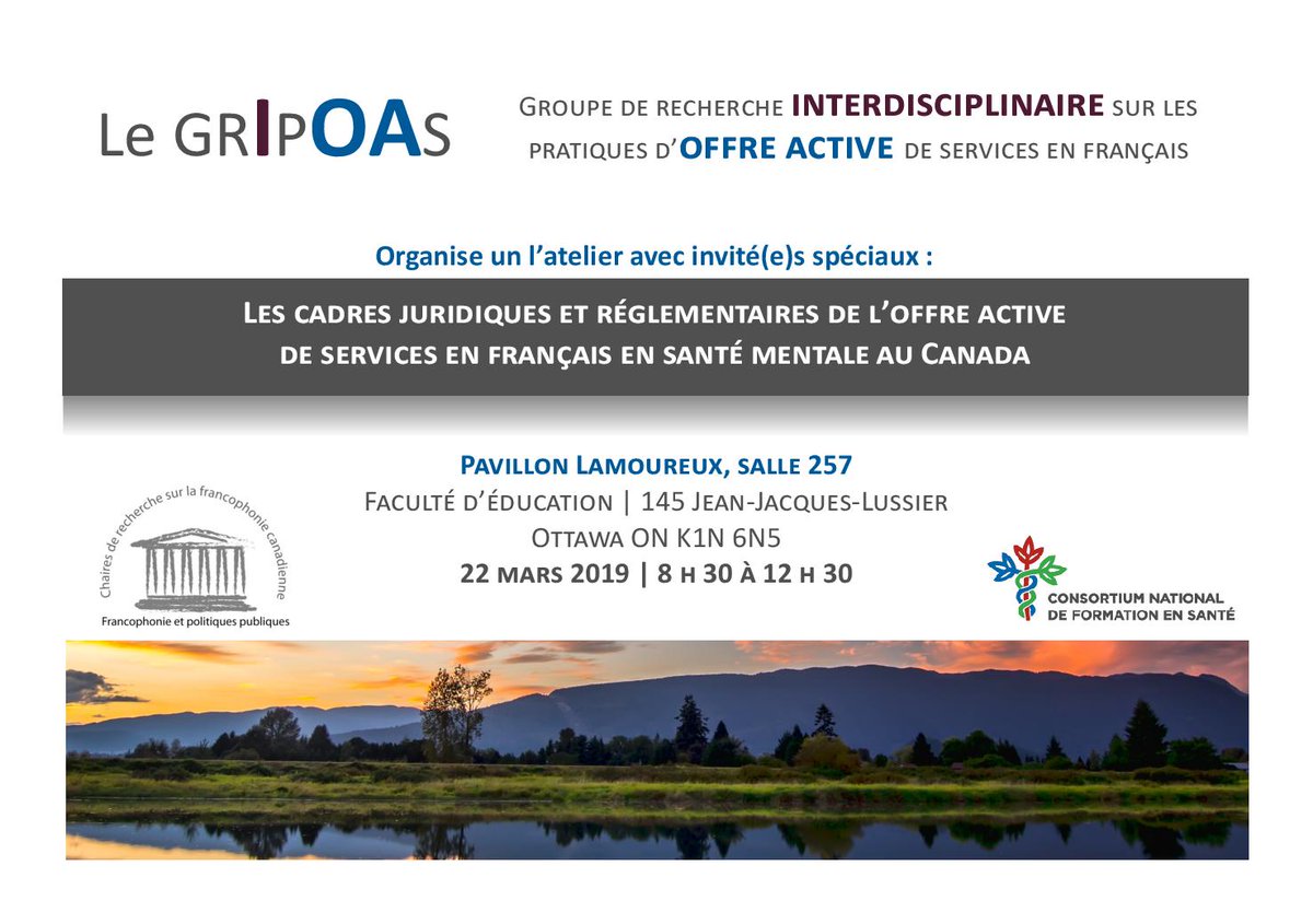 M_Normand's tweet photo. Ce vendredi, le GRIPOAS organise l'atelier "Les cadres juridiques et réglementaires de l'offre active de services en français en santé mentale au Canada". Infos sur l'affiche. Quelques places toujours disponibles. Inscription au mnormand@uottawa.ca. #frcan https://t.co/H3Uhl0GjSk