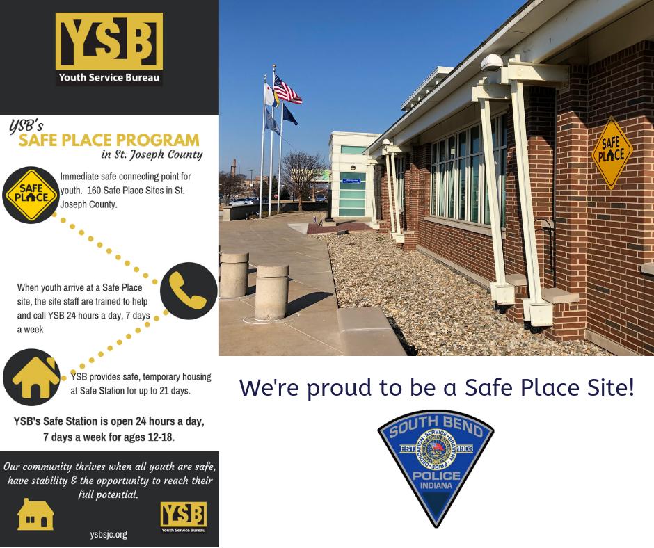 southbendpolice's tweet photo. This week is National Safe Place Week. SBPD is proud to be a designated Safe Place for youth in crisis in St. Joseph County. Our building is available 24/7/365. We're also proud to partner with Youth Services Bureau of St. Joseph County. @ysbsjc #nspweek2019 #southbend https://t.co/IjAiXUVSKR