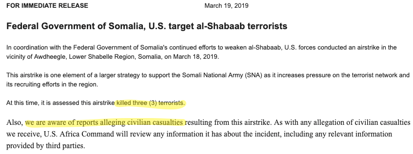 Meanwhile in SomaliaAFRICOM discloses airstrike with 3 EKIA but also, in unusual note, says it is "aware of reports alleging civilian casualties resulting from this airstrike"