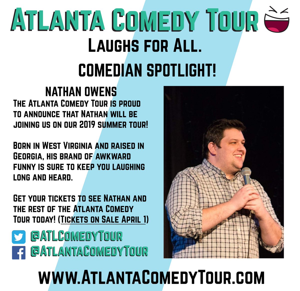 ATLComedyTour's tweet photo. The Atlanta Comedy Tour would like to welcome Nathan Owens to the summer tour! Get your tickets to see him, on sale April 1st!  #LaughsForAll https://t.co/9WFYNVEgPZ