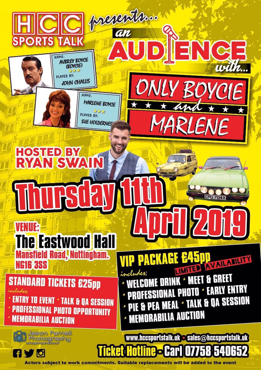 NottsVIP's tweet photo. Lovley Jubbly.. don’t miss your chance to meet #OnlyFoolsAndHorses best on screen couple @BeingBoycie &amp; @SueHolderness @EastwoodHall with host @RyanSwainTV 📺
It’s a proper Peckham bargain, right.. cushti!
🎟👉 https://t.co/63bWGaEDA3 @hccsportstalk https://t.co/qe7psgYa7X