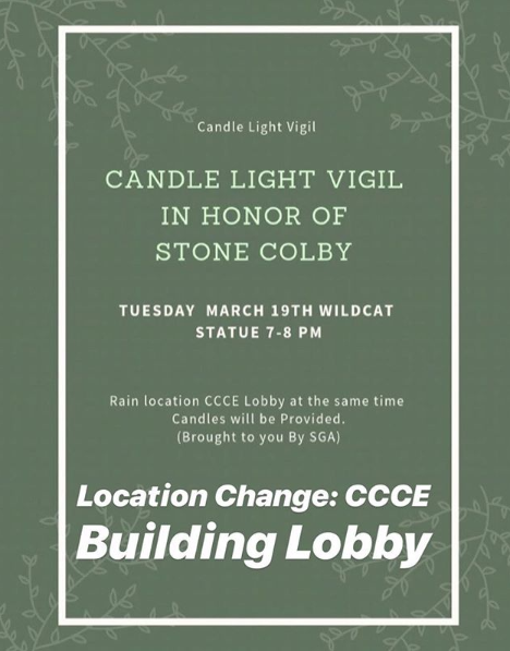 JWUPVDSGA's tweet photo. A candlelight vigil will be held in memory of Stone Colby TONIGHT at 7 pm in the CCCE Building lobby. The Dean of students will be giving an address, as well as others who where close to him. https://t.co/427tzJQ53H