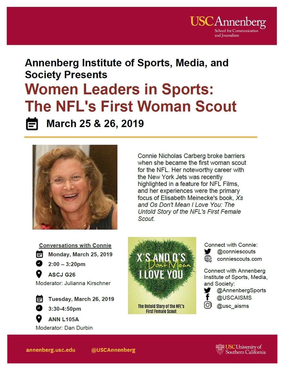 AnnenbergSports's tweet photo. Join @SCDurbin, @JKirschnerSC, for conversations with Connie Nicholas Carberg @ConnieScouts on Monday, March 25 and Tuesday, March 26! #aisms #ascj #usc #uscannenberg #usctrojans https://t.co/P4TkvNYEgQ