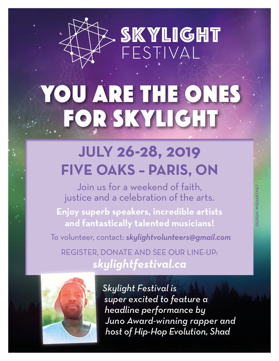 Skylight Festival is excited to announce this year's lead performer will be Canadian Juno Award-Winning Rapper, Shad!  He raps about complex themes ranging from the immigrant experience to Black Liberation and does it all with  a deep grounding in love.  skylightfestival.ca/contributors/