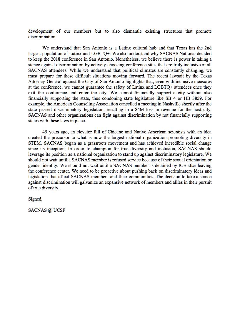 Check out our follow up letter to SACNAS National on inclusive conference locations! #LatinxSTEM #QueerSTEM #UndocuSTEM #TrueDiversity #intersectionality