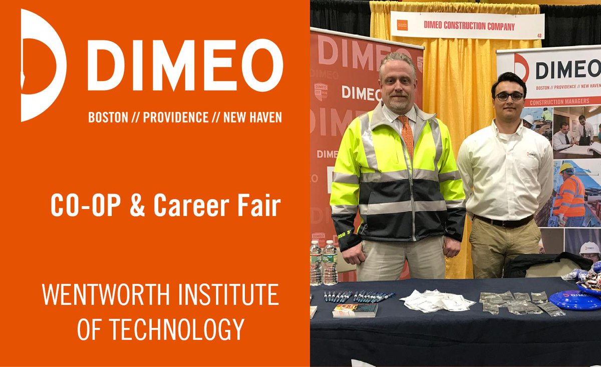 DIMEOCONSTRUCT's tweet photo. Stop by & visit Scott Eaton, Sr. Project Manager and Steve Martinelli, Project Engineer, at Wentworth’s Spring CO-OP + CAREER Fair today from 3pm-7pm in Tansey Gymnasium. #DimeoDoes #DimeoDelivers #DimeoDifference https://t.co/elKb3k4siA