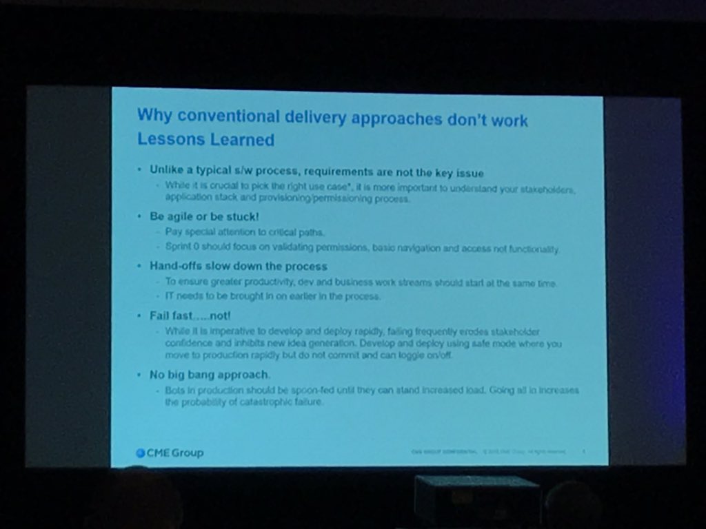 Key lesson of <a href="/CMEGroup/">CME Group</a> #RPA #CoE is to understand the process, deploy slowly, and not to fail at all #OPEXFS