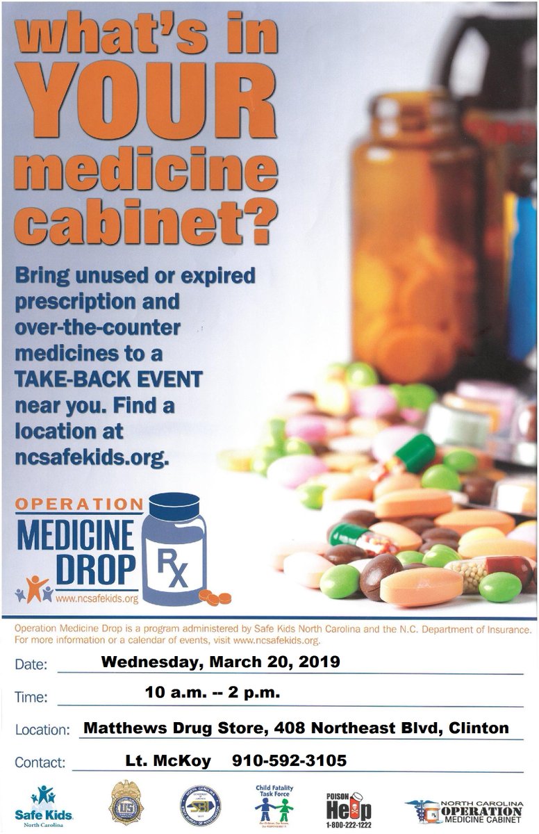 Tomorrow is the Medicine Take-Back Event. The event will be held at Matthews Drug Store from 10 a.m. to 2 p.m. for safe and free medicine disposal. Needles/syringes or sharps containers are NOT accepted. Bring your unused or expired prescription to this event.