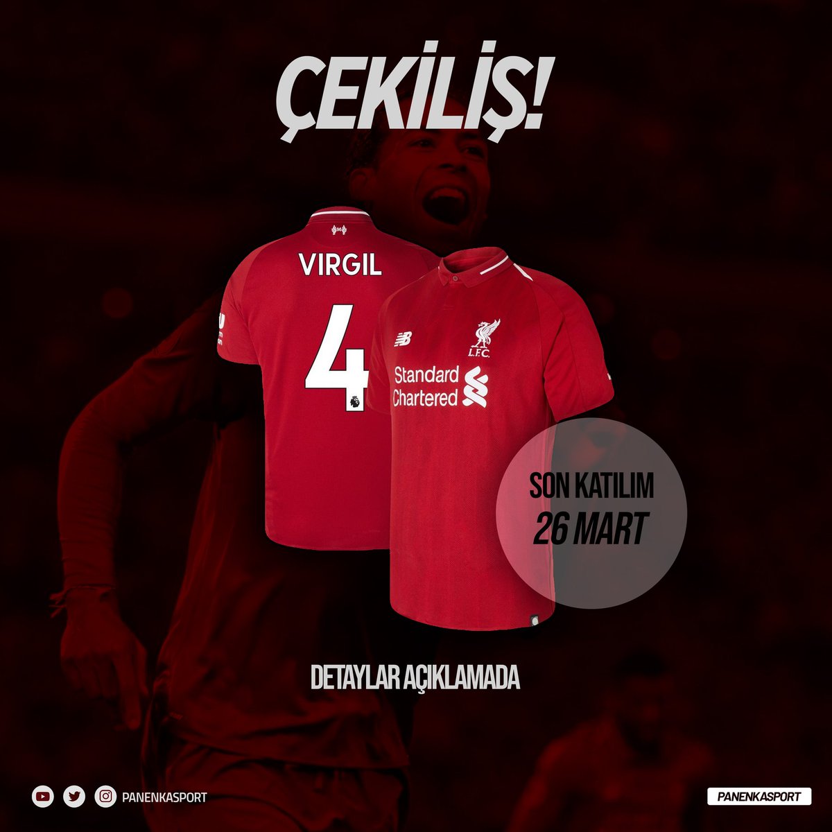 26 Mart Salı gününe kadar bu tweeti RT yapıp, beğenen takipçilerimiz arasında yapacağımız çekilişle 1 kişiye Liverpool'un Hollandalı stoperi Virgil van Dijk'in forması hediye! 🔴⚪