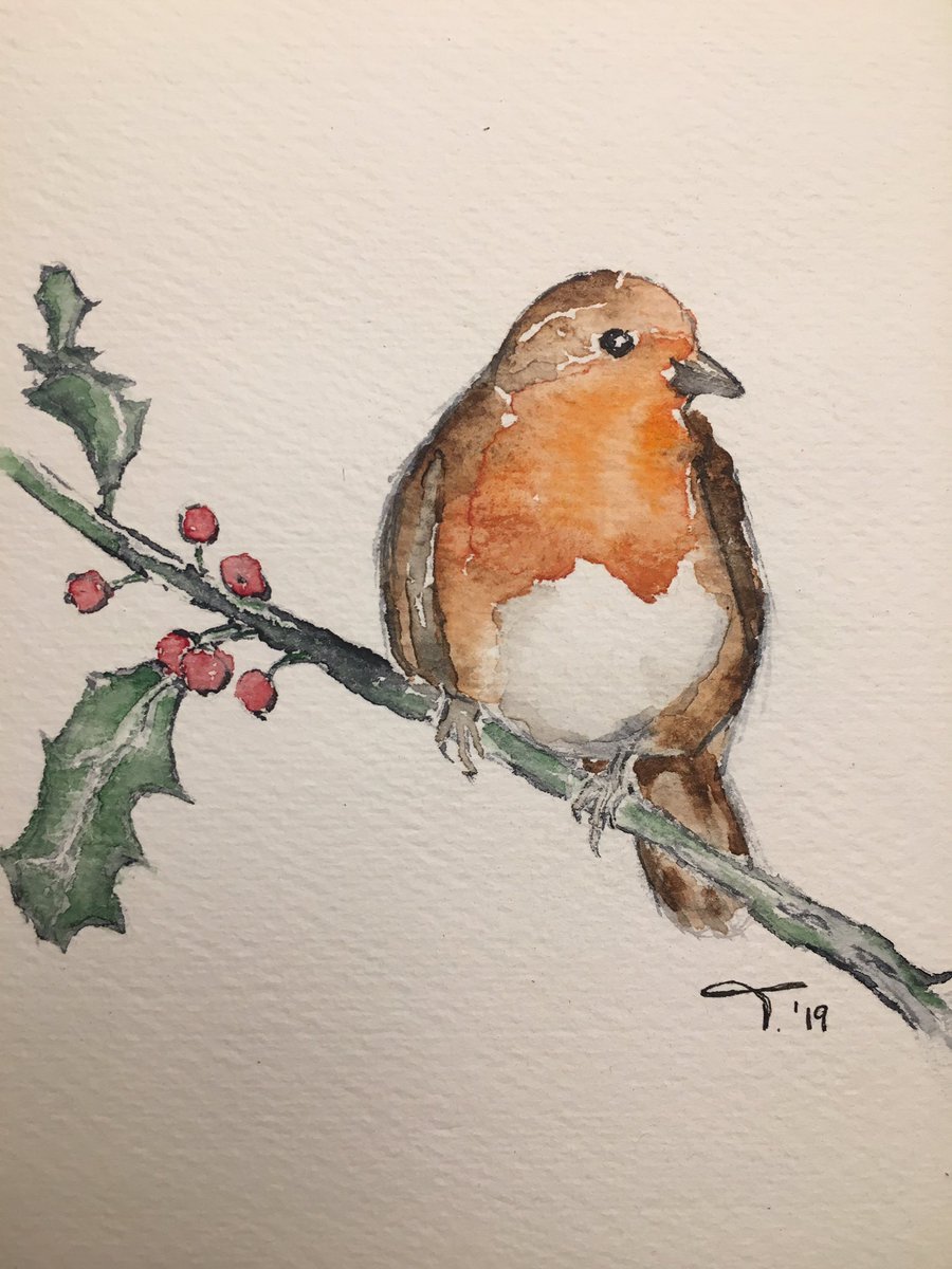 Aquarell eines Rotkehlchens, sitzend auf einem Ilexzweig