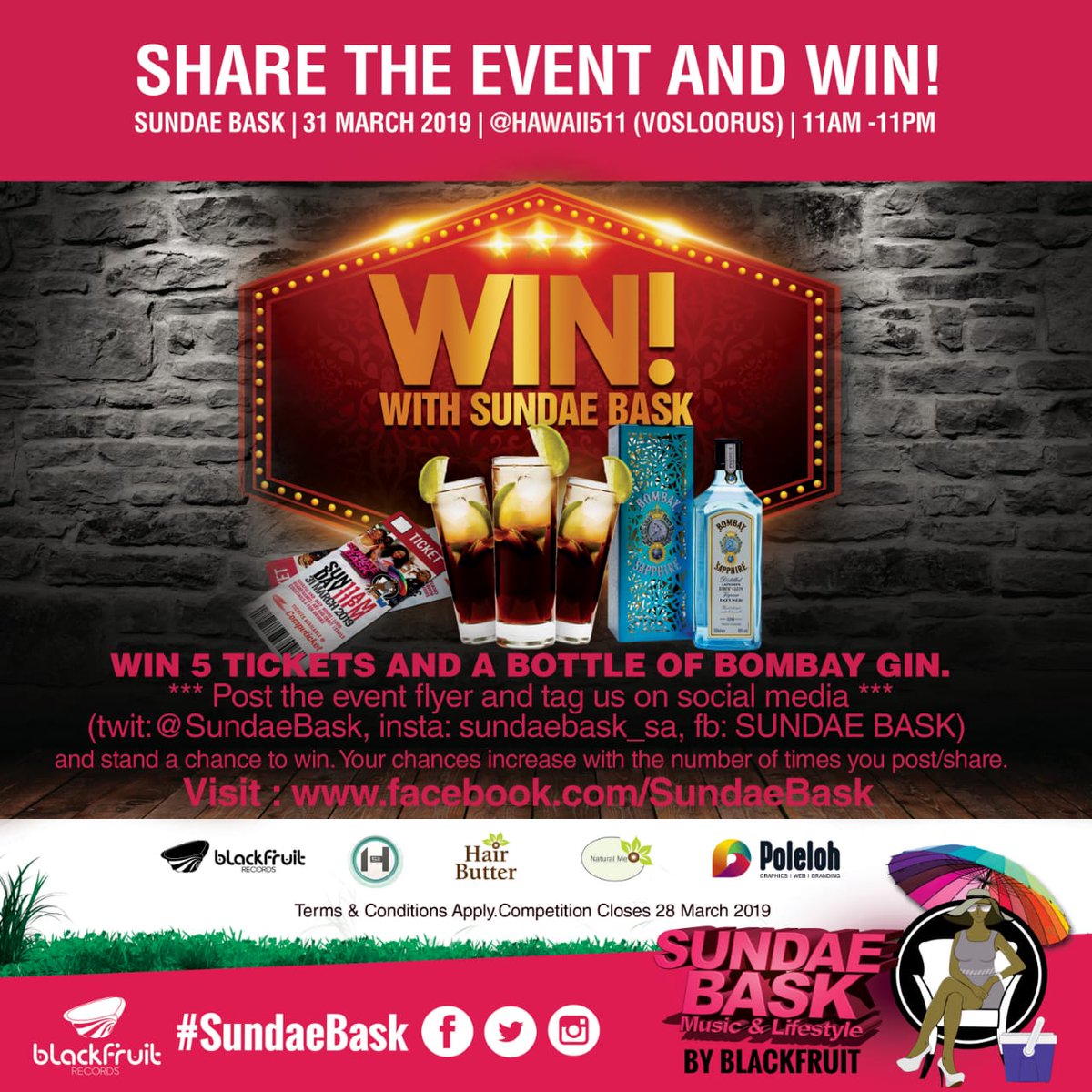 DJTipstar_SA's tweet photo. Competition Time 🙌🙌

Prizes : 

5 X Tickets [for you and your squad 😄] 
1 X bottle of Bombay Gin  

Closing date  Thurday 28 March 2019
Winner announced  Friday 29 March 2019.
#SundaeBask #itsadaything #sundayfun #partyinstyle https://t.co/v0CmhOQskL
