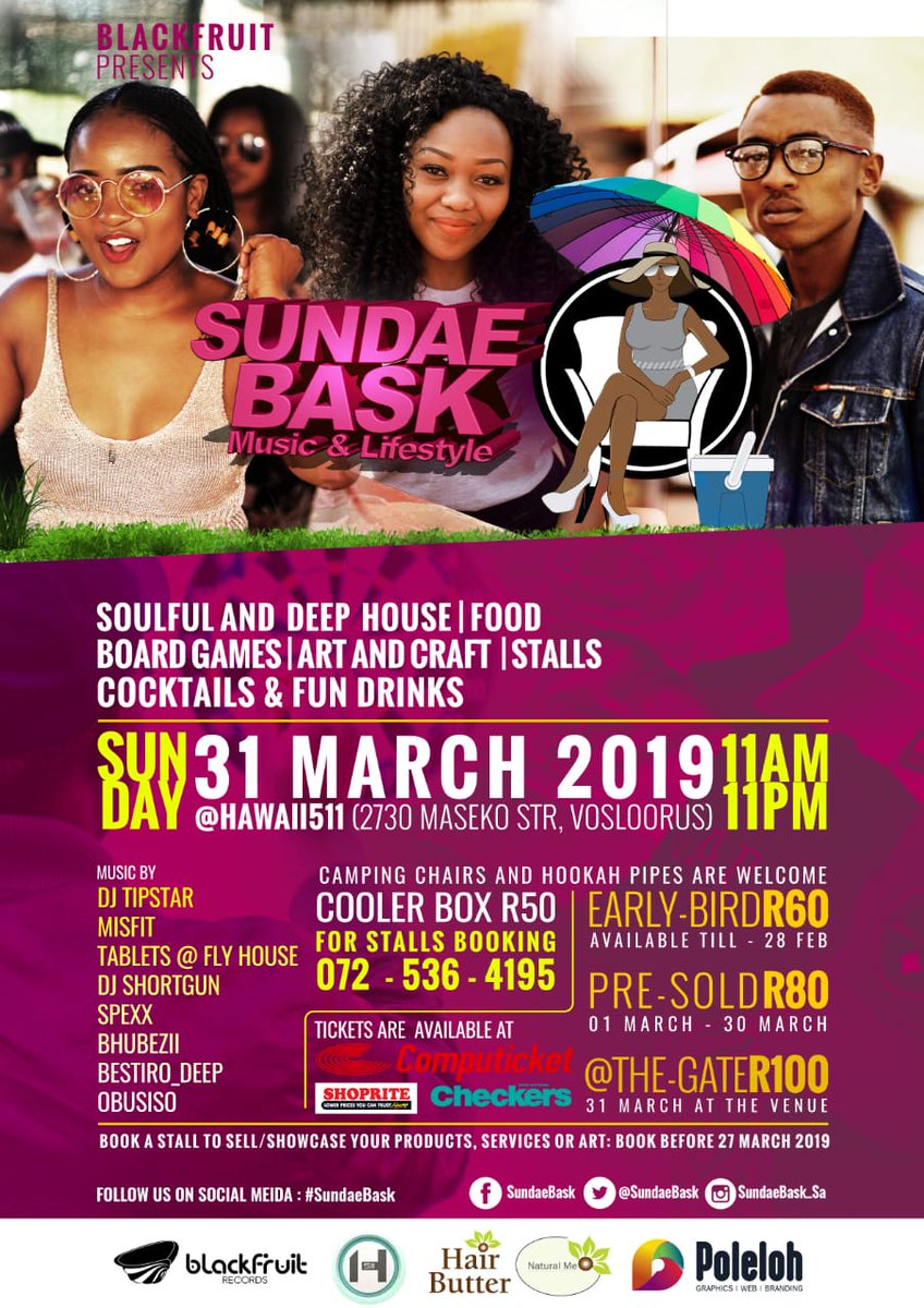 DJTipstar_SA's tweet photo. Competition Time 🙌🙌

Prizes : 

5 X Tickets [for you and your squad 😄] 
1 X bottle of Bombay Gin  

Closing date  Thurday 28 March 2019
Winner announced  Friday 29 March 2019.
#SundaeBask #itsadaything #sundayfun #partyinstyle https://t.co/v0CmhOQskL