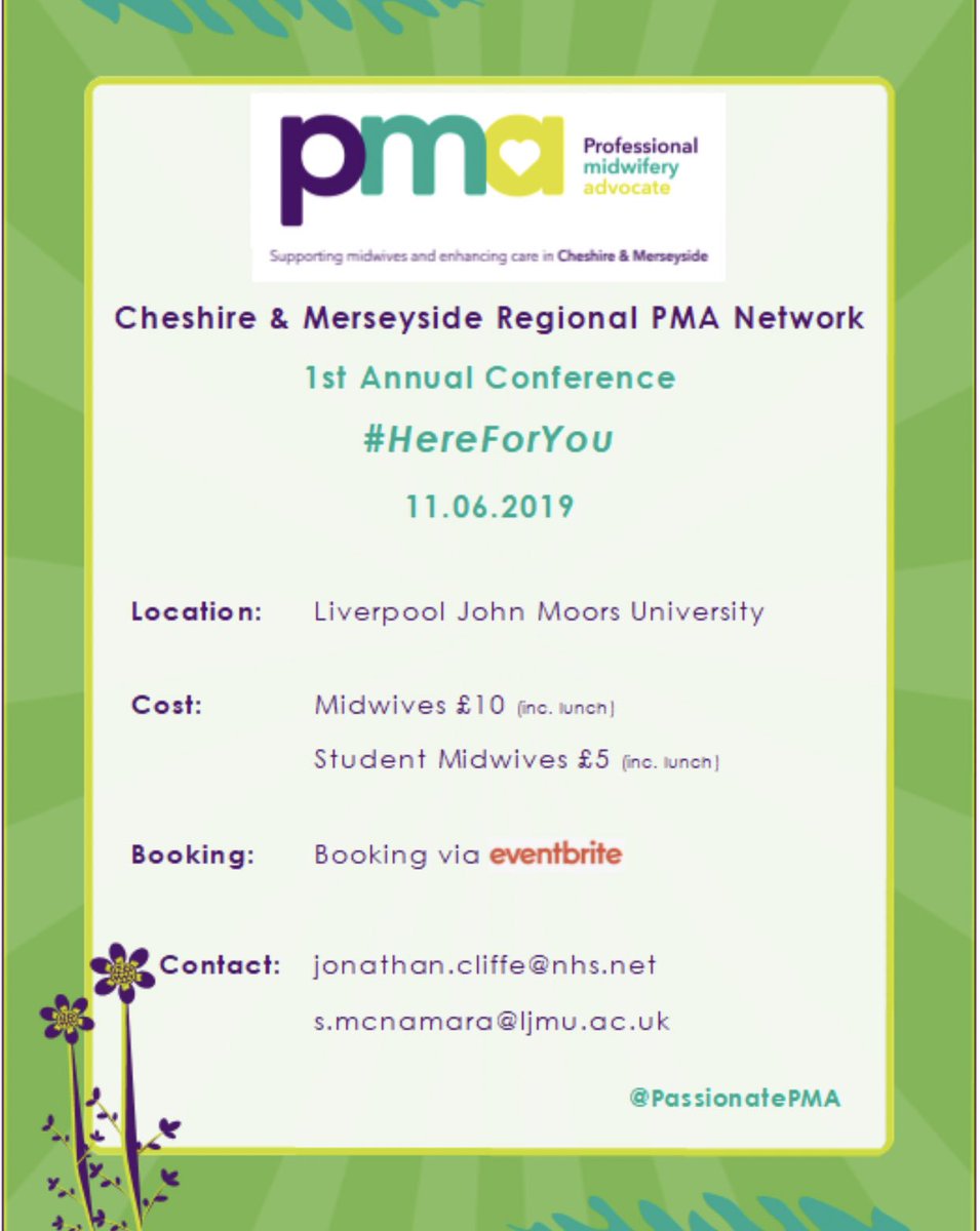 Cheshire &amp; Merseyside Regional PMA network announces 1st annual conference #HereForYou 

Midwives £10 &amp; Student midwives tickets £5 (includes lunch) tickets at eventbrite.co.uk/e/cheshire-mer…