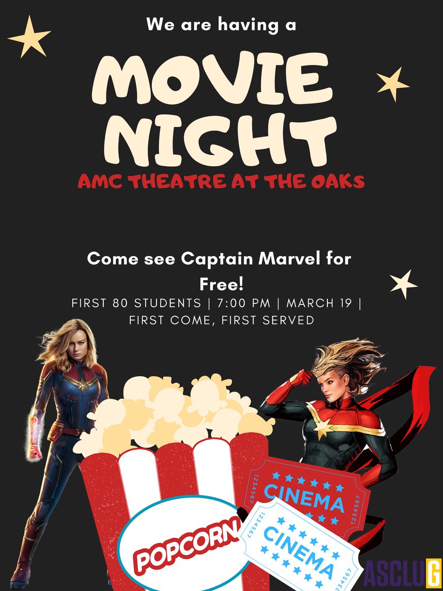 Brin your CLU ID to the movie theatre at the Oaks Mall tonight for a free viewing of Captain Marvel &amp; a bag of 🍿🍿