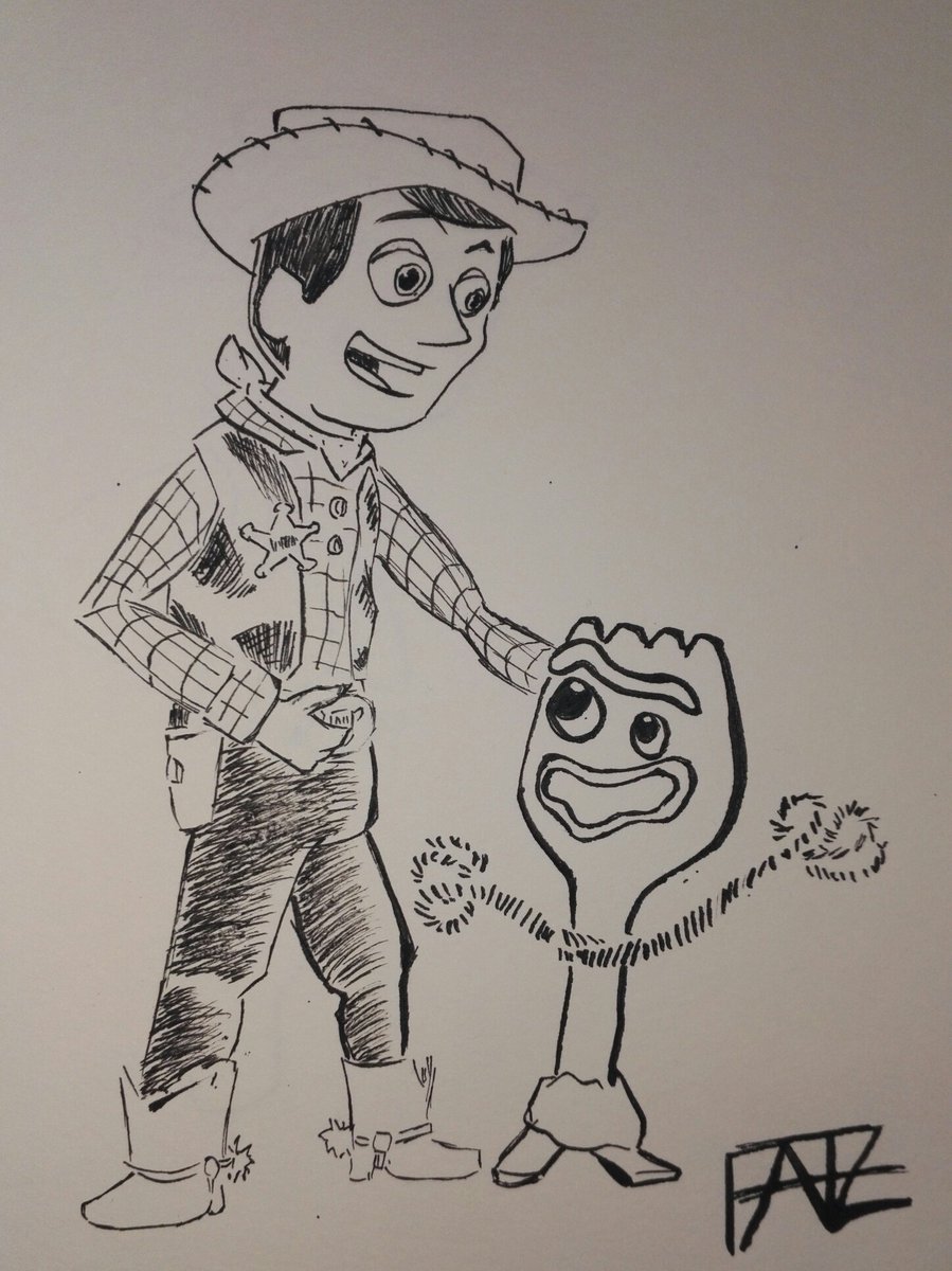 FAFZ36's tweet photo. You've got a friend in me. #onedrawingadayforayear #OneDrawingPerDay2019 #Toys #ToyStory4 #Forky #spork #moviestar #woody #Fanart #drawing #ink #doodle #sketch https://t.co/a2TOvmmmBk