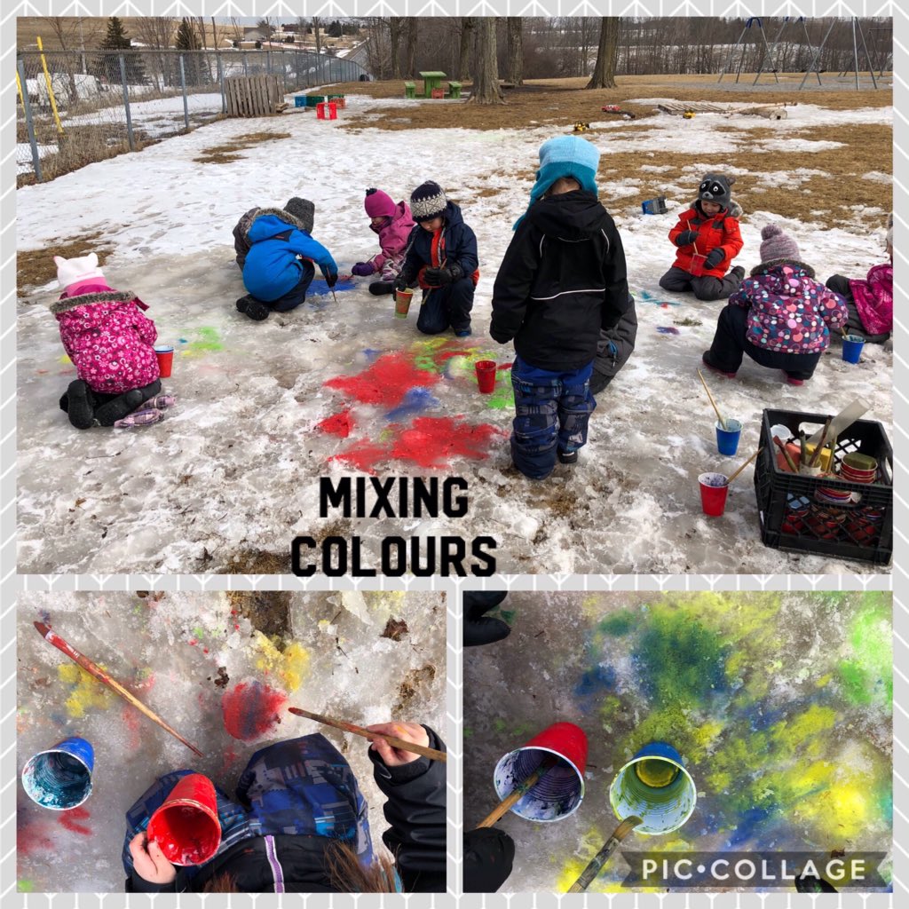 Ice painting, mixing colours to make purple and green. #outdoorlearning #tldsbkteach #TLDSBlearns