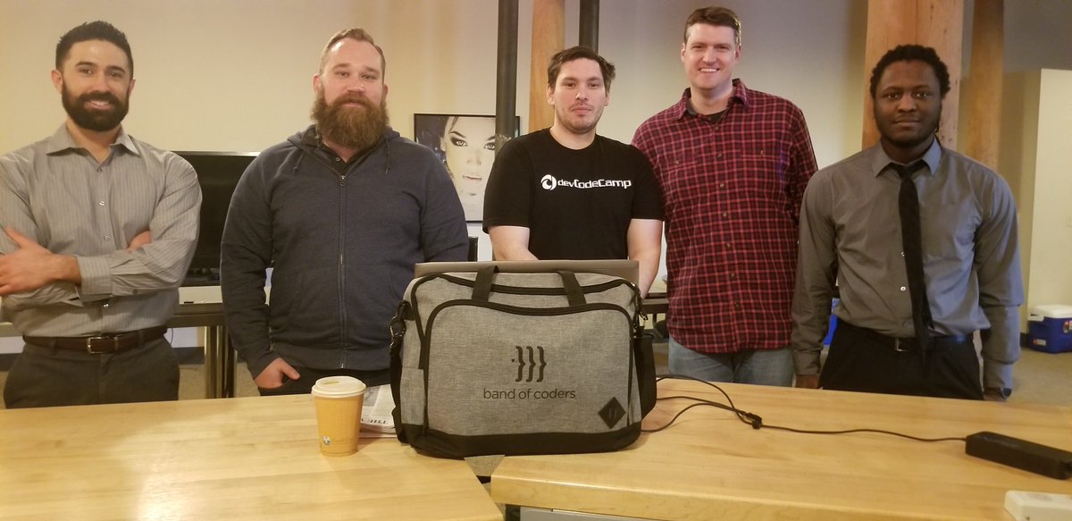 devcodecamp's tweet photo. We were thrilled to show off some new #Developer talent to @bandofcoders here in #MKE. #Learntocode and love what you do! Companies need your talent, we can help get you there. https://t.co/LzOwg8MPyJ https://t.co/mUzVX4Tq2u