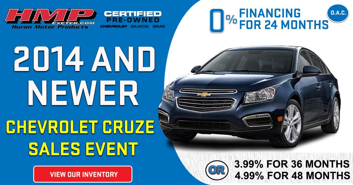 HMPexeter's tweet photo. Why Not Go For A Cruze? 

For a limited time finance a 2014 or newer Certified Pre-Owned Chevrolet Cruze for 0% for 24 months, 3.99% for 36 months, or 4.99% for 48 months. The choice is yours. *On Approved Credit. 

https://t.co/o3CsAtDJgw https://t.co/Xd54gU2QmW