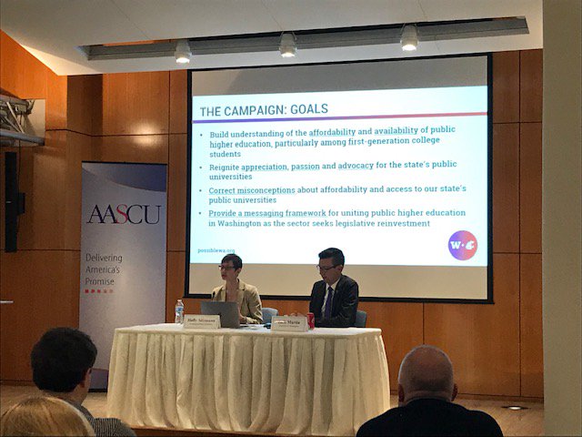 AASCU's tweet image. Holly Sitzmann from @wsu &amp;amp; Jack Martin of @UW discussing how their institutions partnered on a statewide campaign to reignite appreciation, passion &amp;amp; advocacy for the state’s public #universities #AASCUComm