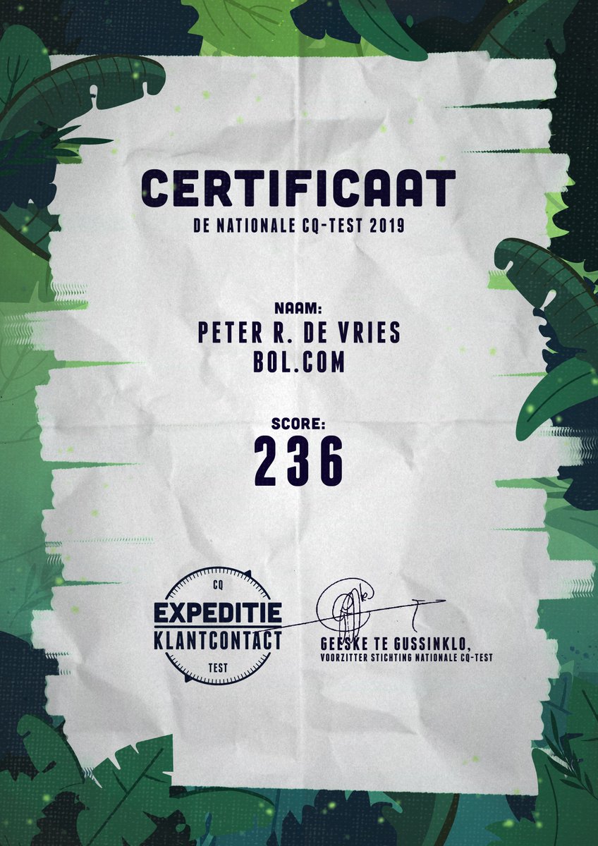 S P E C I M E N Certificaat #CQtest #ExpeditieKlantcontact
Want niemand die Peter R. de Vries heet, met een score van 236, heeft natuurlijk meegedaan. 😅Maar zo komen de certificaten eruit te zien! We denken dat ze begin volgende week bij jullie zijn. 🌿💚🍃