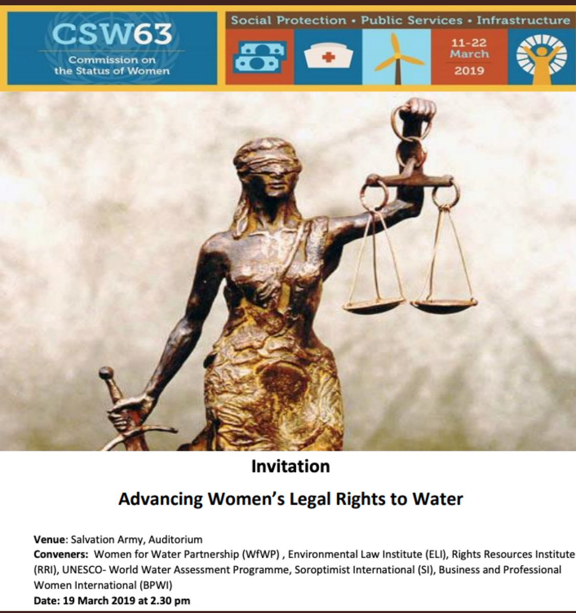 IUCN_Gender's tweet photo. At #CSW63? Don't forget to attend today's event at 2:30pm on advancing women's legal rights to water! @IUCN_Water + @IUCN_Gender will present alongside @WfWPartnership @soroptimist @ELIORG on #gender and water governance. https://t.co/QJDmEnd1sk