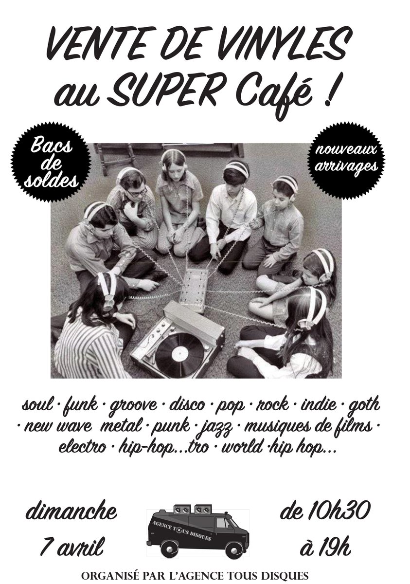[VENTE DE VINYLES] Rendez-vous dimanche 7 avril pour une grande vente de #vinyles avec l'Agence Tous Disques ! Bacs de soldes et de nouveaux arrivages dans tous les styles. Venez nombreux 😎🎧