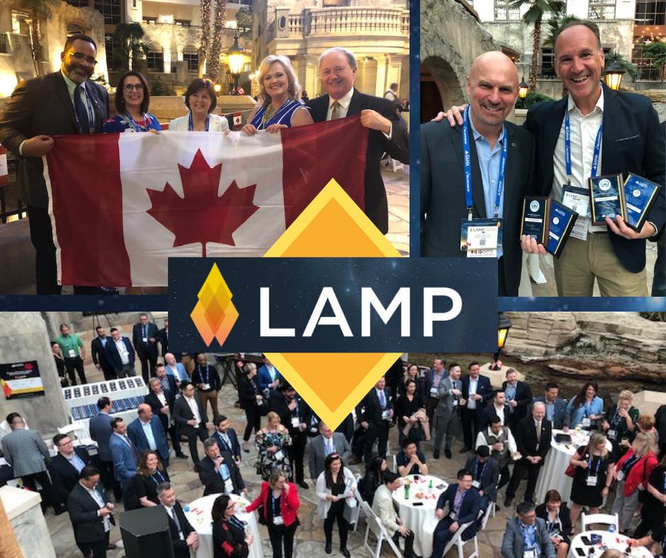 Advocis's tweet photo. Smiles all around at the Canadian Reception for #LAMP19. A special shout out to Al Roissl and David Feldberg (top right) for their longstanding membership with @GAMA_Canada and Advocis. https://t.co/zR8eqJEbT3