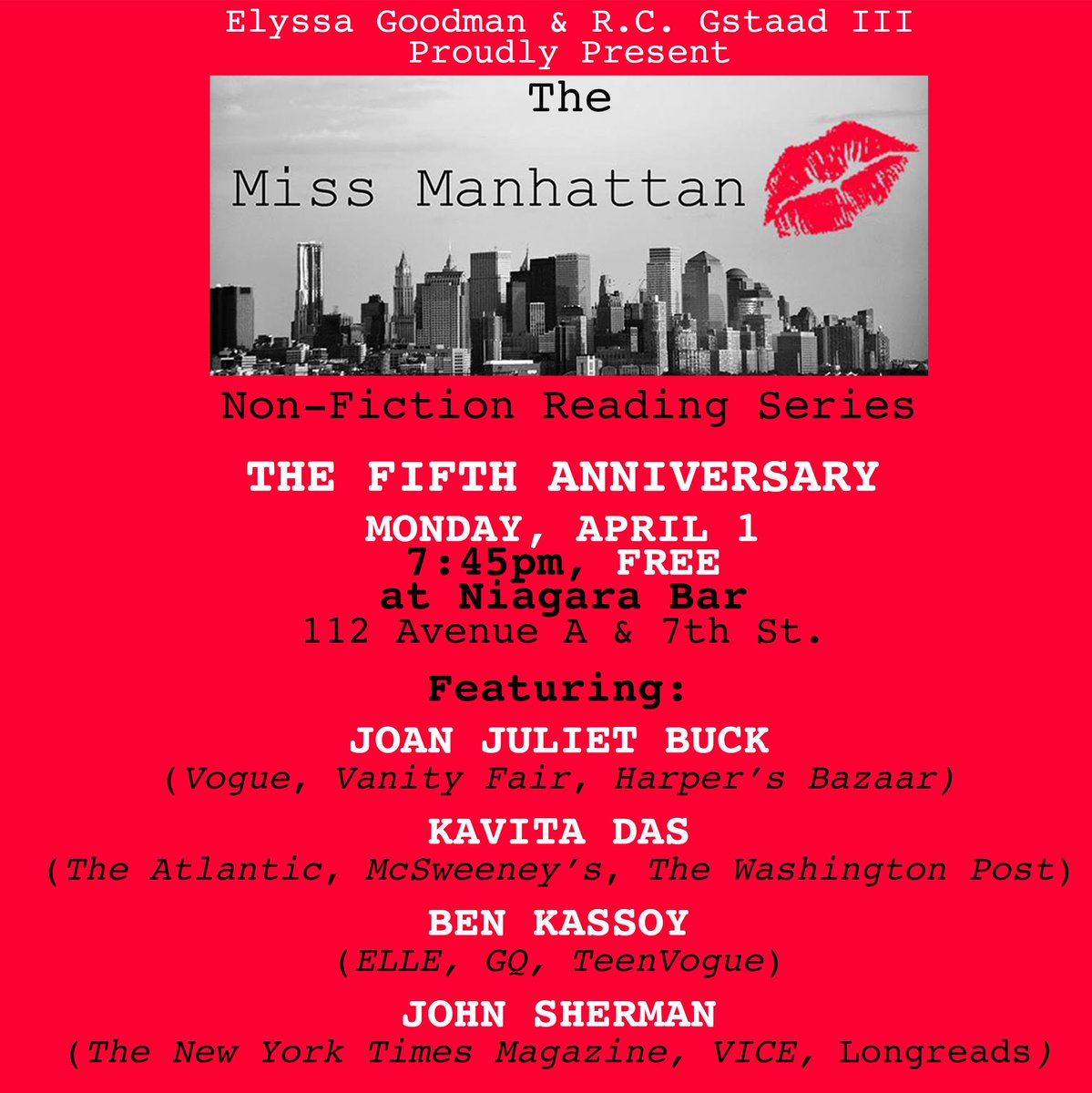 MissManhattanNY's tweet photo. The #MissMReading *FIFTH ANNIVERSARY* is upon us!
Join us as we celebrate on 4/1 with the phenomenal writers @JoanJulietBuck, @kavitamix, @bkassoy, and @_john_sherman, and teeny *cupcakes* (while supplies last)!
https://t.co/aNTaAmboeb
See you there! https://t.co/jEf2F3ArIq