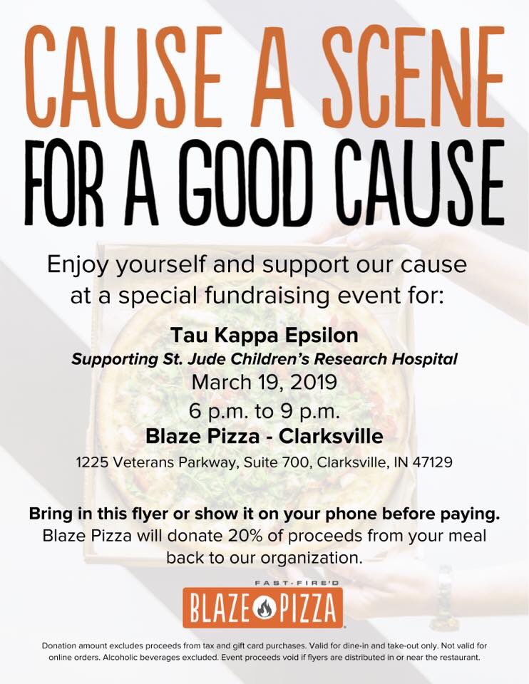 Today is the day! Make sure to come to Blaze Pizza In Clarksville, today from 6-9pm and present this flyer to an employee! 20% of your purchase will go directly towards fundraising for St. Jude’s Children’s Research Hospital! Please share this with your friends and family!#IAMTKE