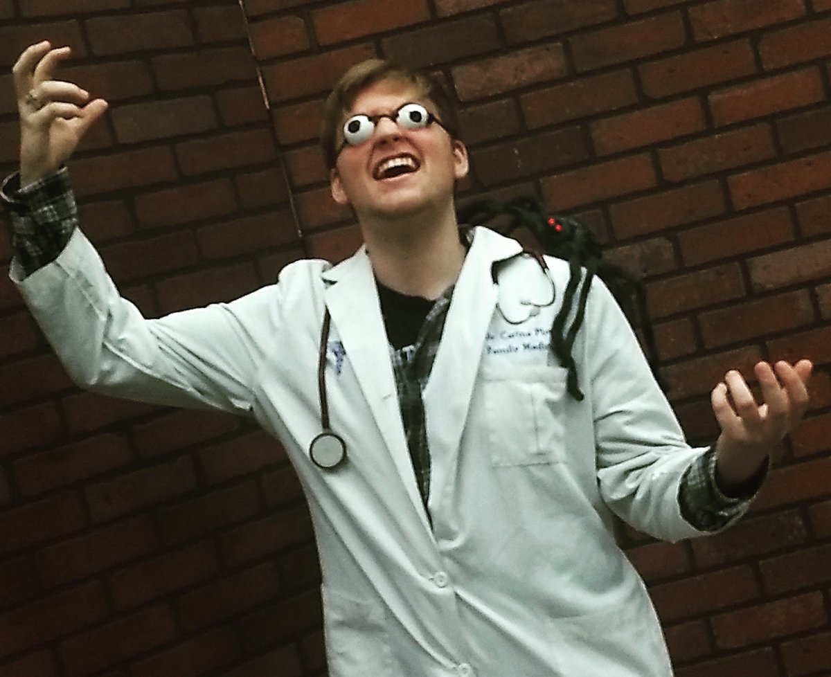 B_Scared_UNT's tweet photo. Now introducing #bachelor no.1 Dr. Marvin Zorg! (That's right, we bagged a doctor!) π Zorg is an expert on giant #spiders, so of course he brought his handsome friend Georgio! Will he win the heart of Scarah Ghast?! Find out on this next episode of The Boo-chalor! #bscared https://t.co/I6H67nKR6Q