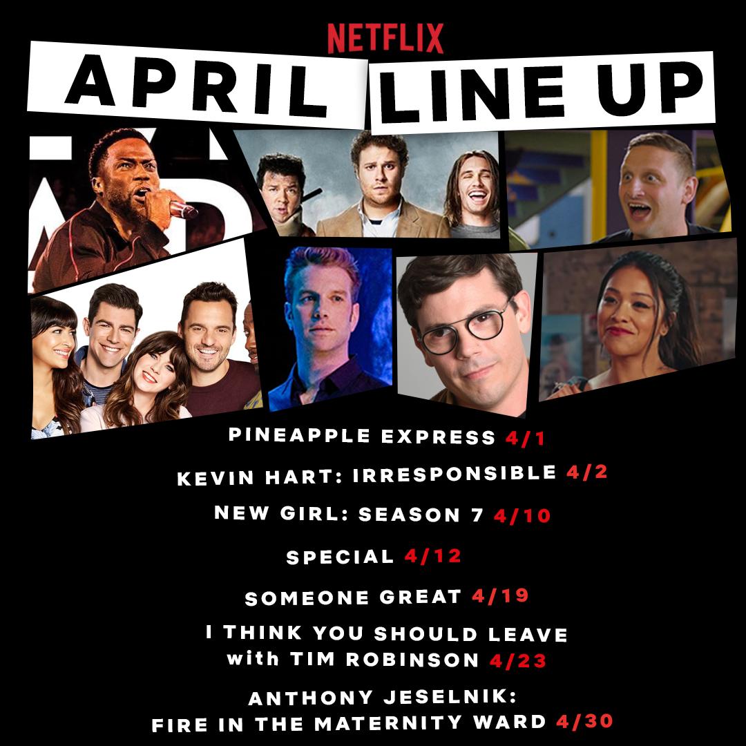 NetflixIsAJoke's tweet photo. April is looking 💯 thanks to @KevinHart4real, Tim Robinson, @anthonyjeselnik, @HereIsGina and @ryanoconn (to name a few)... https://t.co/ezXYlDyDBV
