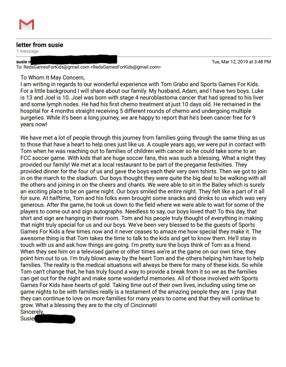 SprtsGames4Kids's tweet photo. With Susie's permission, we would like to share this testimonial from one of our guests with all of you who make our work possible. Your donations and support provide children with a day to be a kid again and a lasting memory of a fun day with their families.
Thank you all.
#SGFK https://t.co/D4iwVLSysu