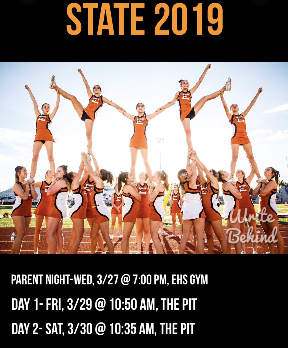 eldoradocheer's tweet photo. State is officially 10 days away! We can't wait to share what these talented athletes have been working on ๐ฆ
#isyouready #state2019 ๐ https://t.co/O7KeN1uMdj