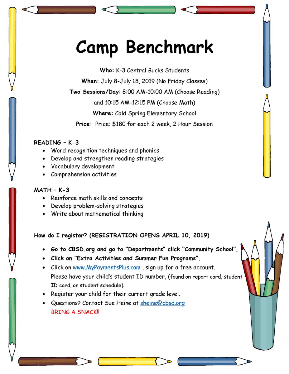 <a href="/CBSDSchools/">Central Bucks SD</a> Academic Summer Camp Benchmark. Registration starts April 10th through MyPaymentsPlus (mypaymentsplus.com). 
Questions? Email: sheine@cbsd.org
#cbsdcs