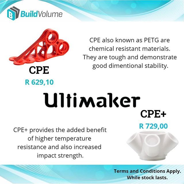 Ultimaker CPE materials are a preferred choice for both functional prototypes and mechanical parts. CPE and CPE+ provides similar preformance characteristics.

#Ultimaker#CPE#CPE+#ChemicalResistant#Strength#3DPrintIndustry#AdditiveManufacturing#BuildVolume#Affordable#3DPrinting