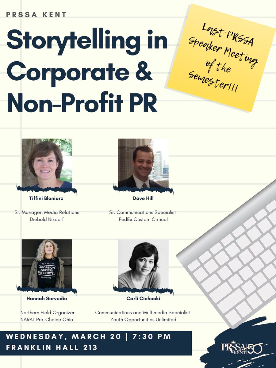 prssakent's tweet photo. Don’t miss our FINAL speaker meeting of the semester! Hear from PR professionals in the corporate and nonprofit world about how they approach storytelling. #prssakent50 https://t.co/AGpFKSgCoS
